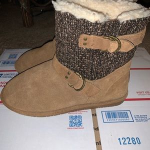Bearpaw Suede and Knit Buckled Boot